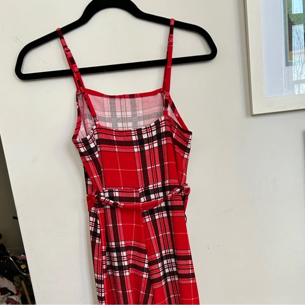 Punk 90s Grunge belted red plaid jumpsuit spaghetti straps stretchy material - Picture 4 of 8